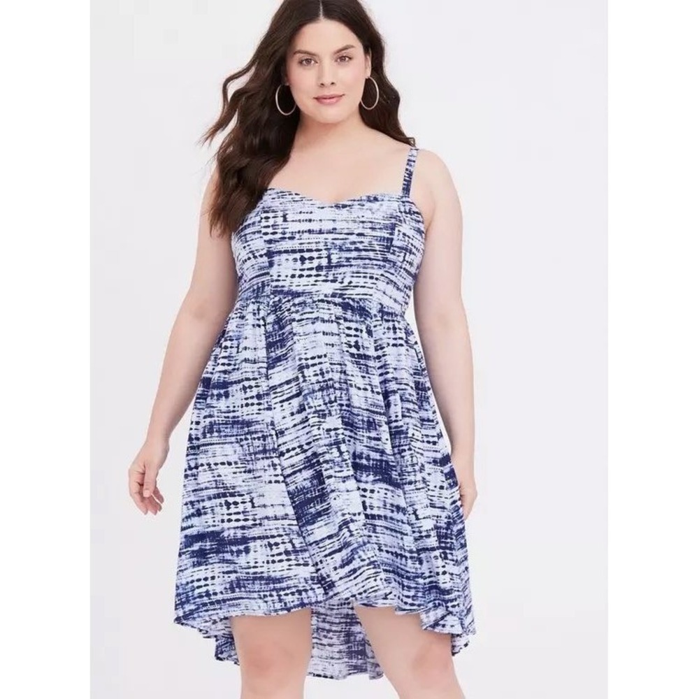 Torrid Mini Challis High-Low Skater Dress Blue Tie Dye Plus Sz‎ 1X Dressy Casual